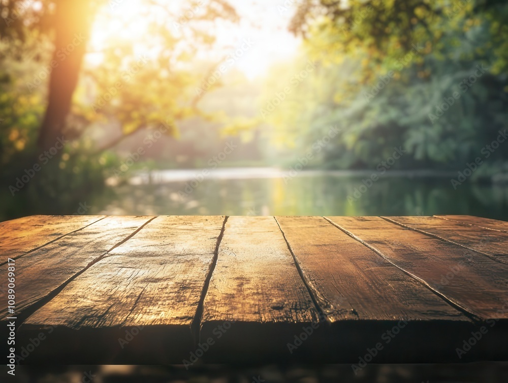 rustic wooden table top with a blurred summer lake view through a ...
