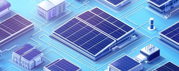 Poster - Vector illustration of solar plant infrastructure, solar cell equipment, ongrid inverter system, isometric perspective, clean renewable energy