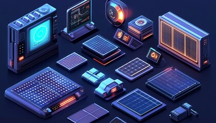 Poster - Vector illustration of solar energy plant, isometric perspective, solar cell equipment, ongrid inverter system, clean energy infrastructure