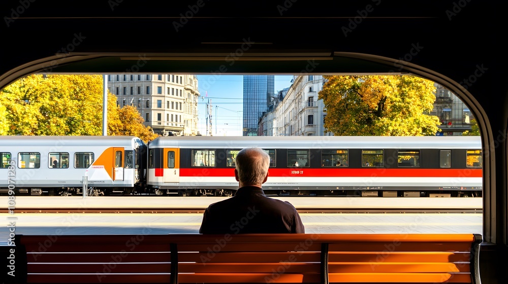 Commuters and tourists sitting on benches at a busy train station under ...