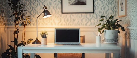 Wall Mural - A workstation with a laptop, and desk lamp on a white table in a minimalist interior with a patterned wallpaper wall