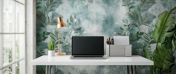 Wall Mural - A workstation with a laptop, and desk lamp on a white table in a minimalist interior with a patterned wallpaper wall