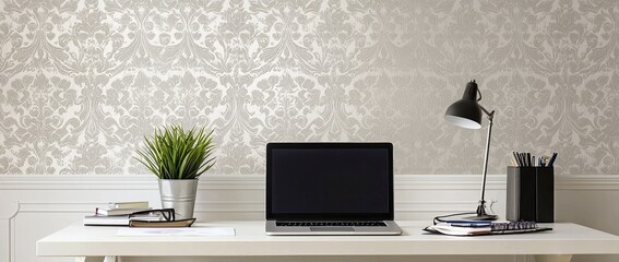 Wall Mural - Minimalist modern home office desk with a laptop, and stationery on a white table against a wall with patterned wallpaper