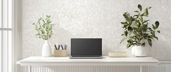 Wall Mural - Minimalist modern home office desk with a laptop, and stationery on a white table against a wall with patterned wallpaper