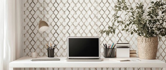 Wall Mural - Minimalist modern home office desk with a laptop, and stationery on a white table against a wall with patterned wallpaper