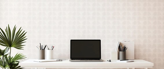 Wall Mural - Minimalist modern home office desk with a laptop, and stationery on a white table against a wall with patterned wallpaper