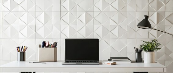 Wall Mural - Minimalist modern home office desk with a laptop, and stationery on a white table against a wall with patterned wallpaper