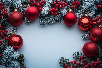 A white, blank frame with red Christmas ornaments and snow, a Christmas card template