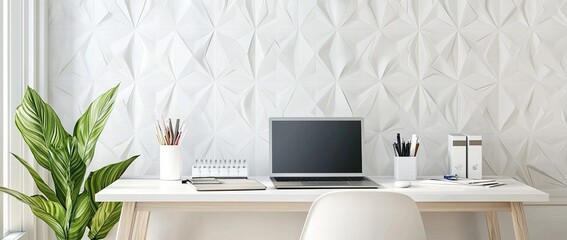 Wall Mural - Minimalist modern home office desk with a laptop, and stationery on a white table against a wall with patterned wallpaper