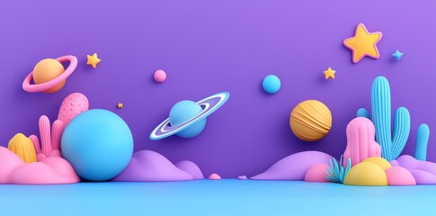 Wall Mural - in the blue outer space background there are the alien planets and falling asteroid with a neon glow