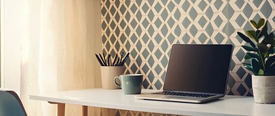 Wall Mural - a modern home office desk with a laptop and coffee cup on a white table against a wall decorated with a geometric pattern wallpaper