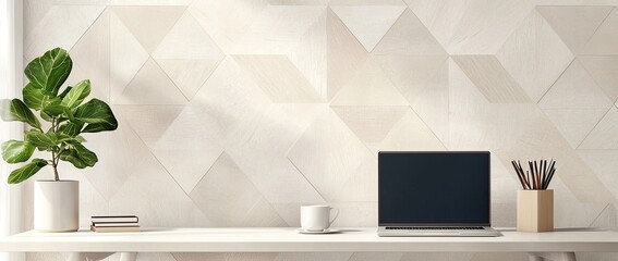 Wall Mural - a modern home office desk with a laptop and coffee cup on a white table against a wall decorated with a geometric pattern wallpaper