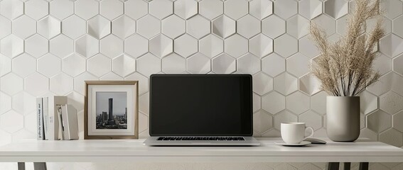 Wall Mural - a modern home office desk with a laptop and coffee cup on a white table against a wall decorated with a geometric pattern wallpaper