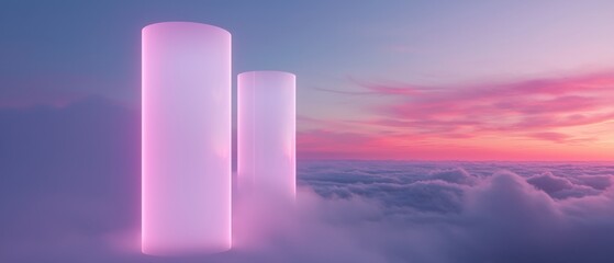 Wall Mural - Two tall, pink cylinders are floating in the sky above a cloudy, purple sky