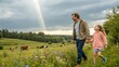 © jabireffacts - Happy family on the summer walk! Father and daughter walking outdoors on an animal field and enjoying the beautiful nature.