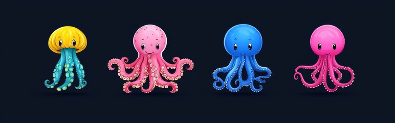 Wall Mural - Set of cartoon octopus characters isolated on white background. Underwater creature with many tentacles and big eyes, water bubbles, sea animal mascot illustration in yellow, purple, green and orange