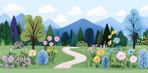 Canvas Print - The cartoon features a summer landscape with lakes, mountains and ponds, as well as grass and daisy flowers near the foot of rocky hills with snow.