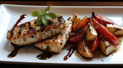 Poster - Grilled fish fillet served with roasted vegetables and a balsamic drizzle, garnished with fresh herbs on a white plate.