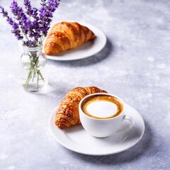 Wall Mural - A minimalist yet elegant breakfast featuring a perfectly frothed cappuccino, a plate of almond croissants, and a simple arrangement of lavender on the side