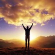 © LIGHTFIELD STUDIOS - A high-resolution ultrarealistic image capturing a person with arms raised in a gesture of exultation against the backdrop of a glowing sunrise. This photo displays a silhouette of a crowd also raisin