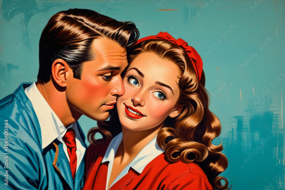 Romantic couple in vintage style embracing, smiling, and sharing a ...