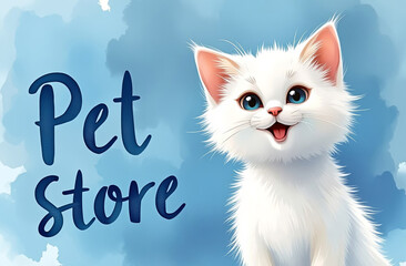 Wall Mural - Colourful pet shop banner with a happy cartoon cat on a blue background. Perfect for advertising pet store, products and promotions. A funny little cat