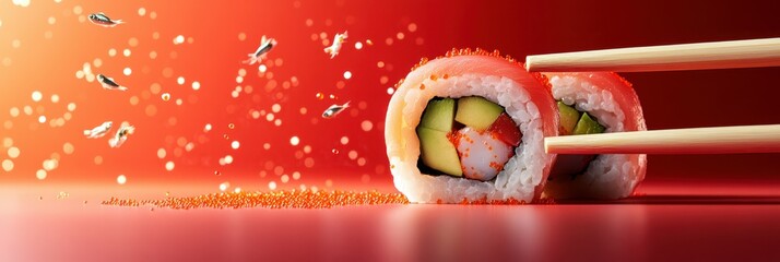 Canvas Print - Delicious sushi rolls with avocado and crab are lifted with chopsticks against a red background