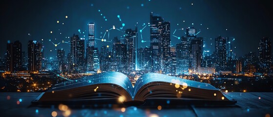 Open book with modern city skyline at night, representing smart working, wireless data, IoT automation systems, and connected urban technology