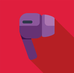 Wall Mural - Purple wireless earbud casting a long shadow on a vibrant red background, symbolizing portable audio technology