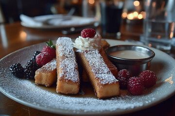 Wall Mural - gourmet french toast sticks dusted with powdered sugar served with fresh berries and cream