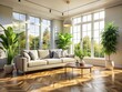 © Arnada - Bright and Airy Living Room with White Walls, Wooden Floor, Green Plant, and Natural Sunlight Streaming Through the Space for a Cozy and Inviting Atmosphere