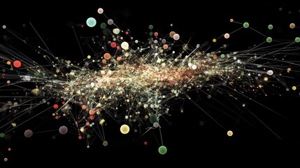 Particle representation of data transfer and positioning, featuring a dynamic array of colorful particles and lines against a black background.