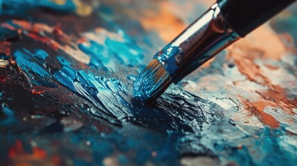 Blue paint tube dispensing vibrant paint onto a palette, accompanied by a brush applying rich blue hues to an artist's canvas, highlighted with selective focus.