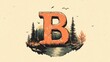 © CreativeBro - Wilderness-themed letter B in a rustic hipster font surrounded by trees, mountains, and a river, ideal for outdoor adventure graphics.