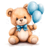 Cute watercolor newborn baby boy bear with balloons isolated on transparent background