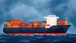 © AImagine Designs - Transportation and distribution concept featuring vehicles. A large cargo ship filled with colorful containers navigates through stormy waters under a moody sky