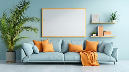 Wall Mural - Stylish living room decor with blue sofa modern home interior design bright environment cozy atmosphere