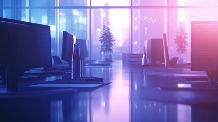 Poster - A modern office space with empty desks and computers, illuminated by soft lighting.