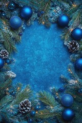festive blue christmas frame with ornaments and pine
