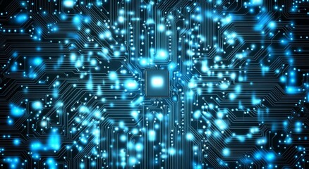 Hi-tech modern illustration with a variety of modern technology elements. Abstract circuit board. Blue background with digital internet communication.