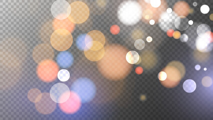 Poster - Festive vibrant bokeh lights. Abstract blurred overlay design. Bright blur light effect. Transparent background. Vector illustration.