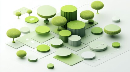 Aufkleber - Abstract arrangement of green geometric shapes and trees, symbolizing nature and design.