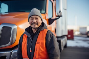 Wall Mural - Portrait of a middle aged male truck driver during winter