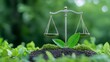 © AI04 - Law and environmental protection are represented by scales of justice surrounded by green foliage.