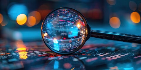 Magnifying glass on circuit board with binary code reflecting. Concept of cybersecurity, programming, data analysis, coding and software development