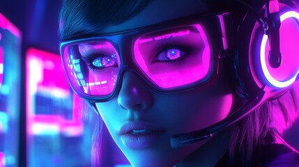 Poster - A woman with dark hair is illuminated in vibrant neon blue and pink light. She is wearing a futuristic headset and large goggles.
