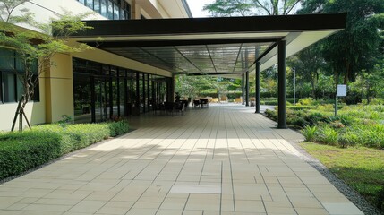 Leinwandbilder - A modern building entrance with a covered walkway and lush greenery surrounding it.