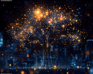 Wall Mural - Illuminated Tree in a Futuristic Cityscape.