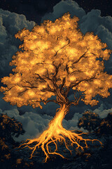 Wall Mural - Illuminated tree with glowing roots against a dark night sky.