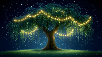Wall Mural - Luminous weeping willow tree at night.